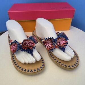 Kate Spade Idette Fringe Rosette Pom Sandal Flip Flop Blue Tangelo Tan Women’s 9